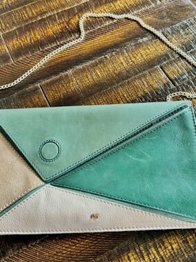 PG Colorblock Leather Envelope Clutch in Green and Cream